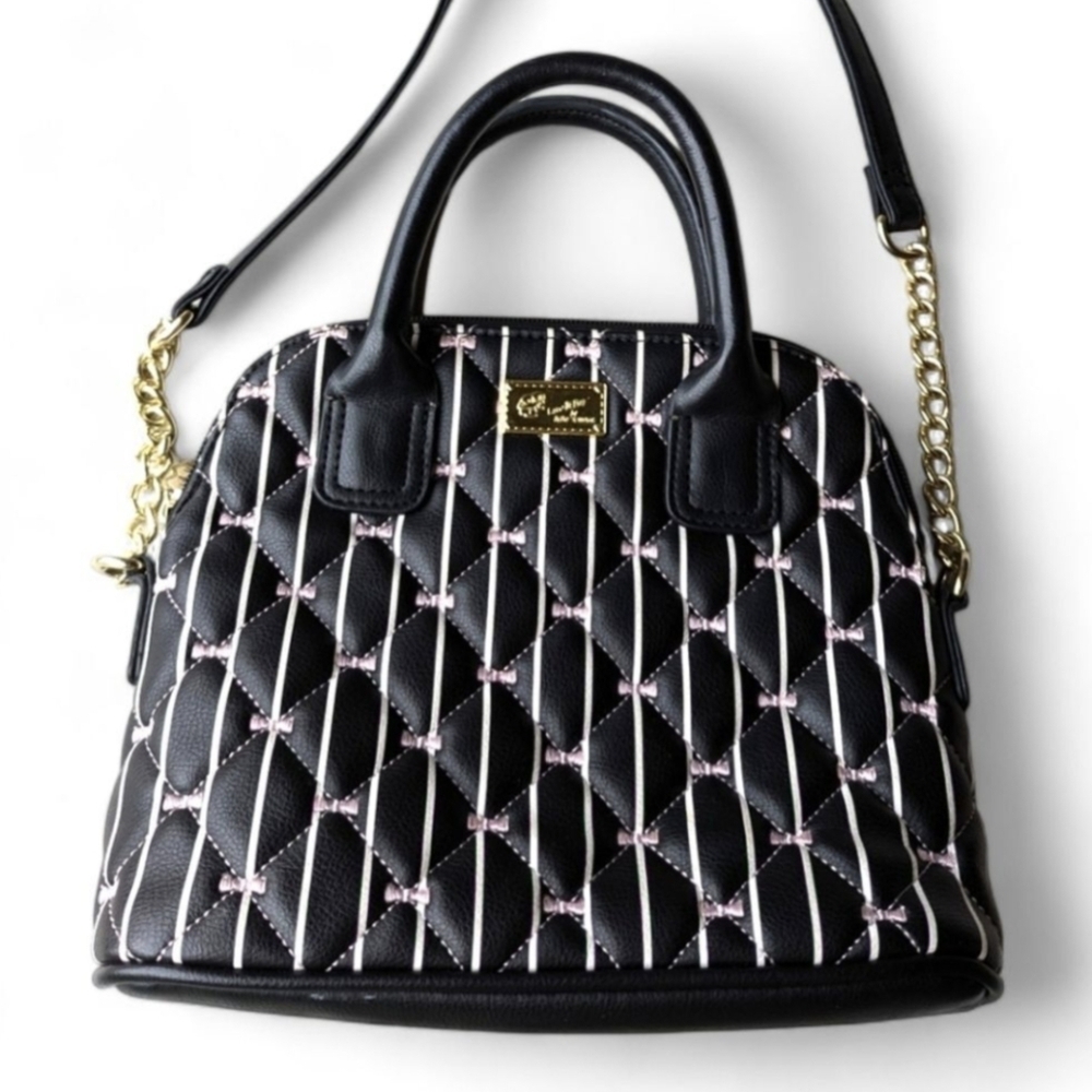 Betsey Johnson Embroidered Bows Crossbody Bag Black Quilted Faux Leather & Charm